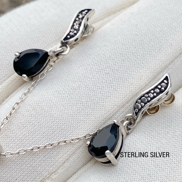 Black Onyx Sterling Silver Post Earrings & Necklace Pendant Set - Vintage - Picture 11 of 14